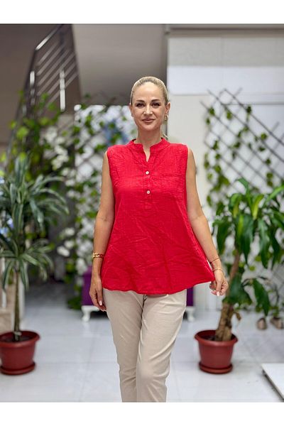 Punta Otantik Ls8819E Sleeveless Cotton Italian Blouse with Pockets Red