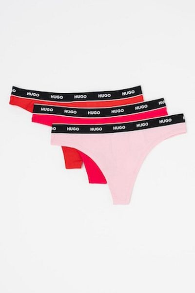 HUGO , Set de chiloți tanga cu logo - 3 perechi, Roșu, Roz, L