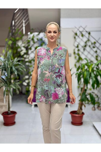 Punta Otantik Ls8819C Sleeveless Cotton Italian Blouse with Pockets Khaki