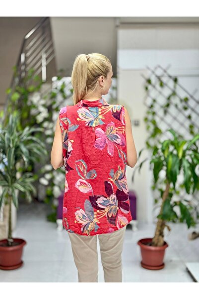 Punta Otantik Ls8819B Sleeveless Cotton Italian Blouse with Pockets Red