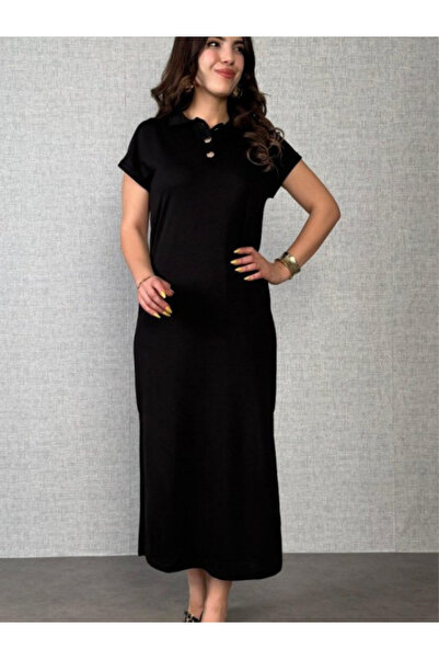 Viyamo New Season Women's Short Sleeve Collar Side Slit Viscose Two Thread Dress