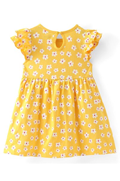 Babyhug Cotton Knit Frill Sleeves Frock with Bloomer Floral Print & Frill Detailing - Yellow
