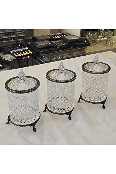 AlyaHomeAksesuar Set of 3 Crystal Glass Sugar Bowl / Jar with Legs Antique