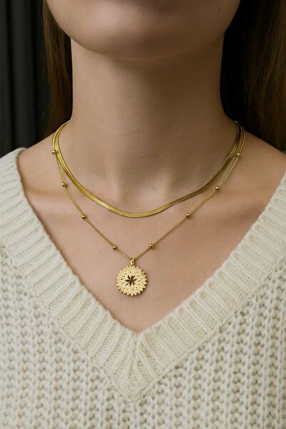 CLOVER JEWELRY Three Layer Sun Motif Gold Color Steel Necklace |   Stylish an...
