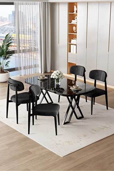 Canisa Jolin Serisi Mdf 90x168 Siyah Mermer Desen Masa Takımı 4 Siyah Metal S...