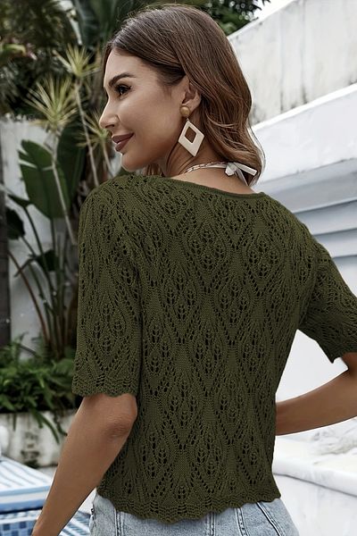 AQE FASHION Women's Openwork Short Sleeve Button Knitted V Neck Casual Khaki Tirko Cardigan