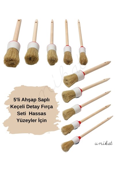 UNIKAT 5'li Ahşap Saplı Keçeli Detay Fırça Seti Hassas Yüzeyler İçin Uygundur