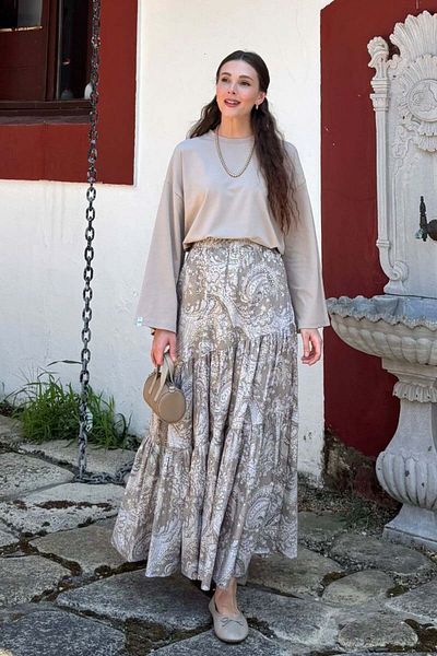 Ceylan Otantik Φούστα με πέτρινο έθνικ σχέδιο σταυρωτό διπλό πτερύγιο