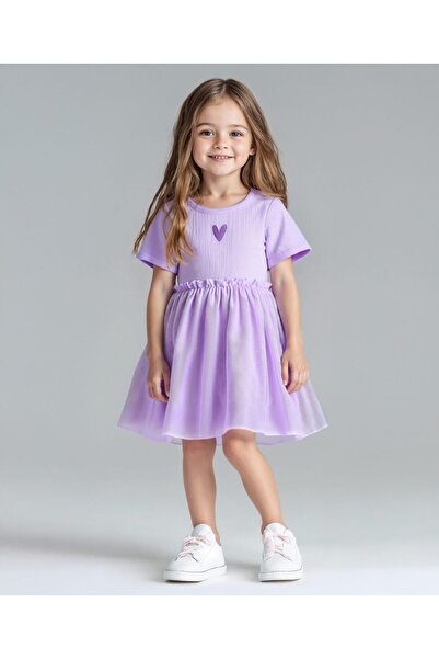 Bonfino 100% Cotton Knit Half Sleeves Dress with Hearts Embroidery - Lilac