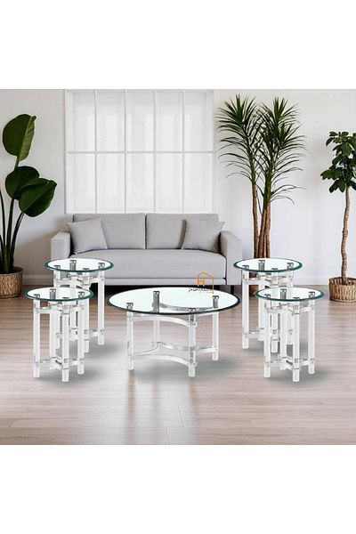 Al Saada Home طقم طاولة دائرية من الأكريليك والفولاذ - فضي - 4 قطع + قطعة واحدة