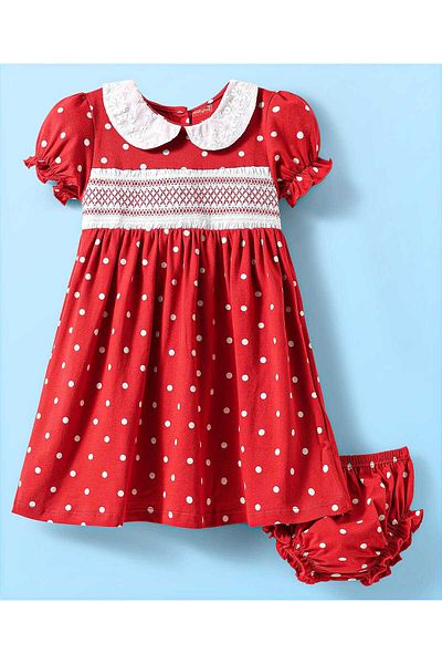 Babyhug Cotton Frock with Bloomer and Polka Dots Print - Red