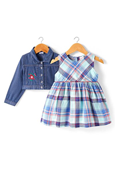 Babyhug فستان قطني منقوش مع جاكيت مطرز بالورود - أزرق