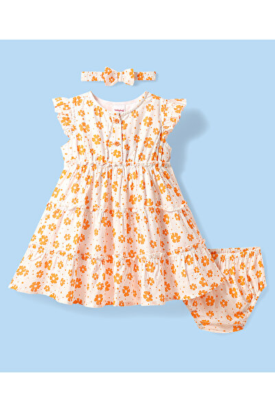 Babyhug Frilled Floral Printed Frock With Bloomer & Headband - Orange & White