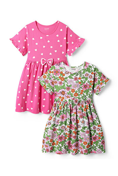Honeyhap Premium Cotton Knit Half Sleeve Heart & Floral Dresses Pack of2-Brig...