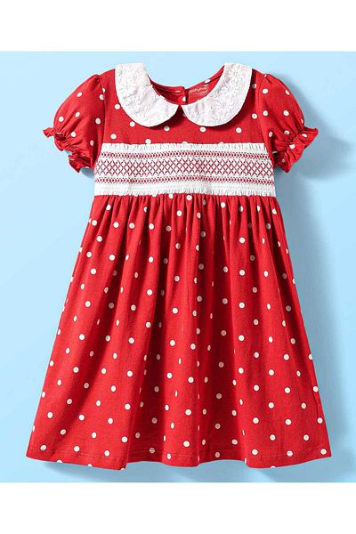 Babyhug Cotton Frock with Bloomer and Polka Dots Print - Red