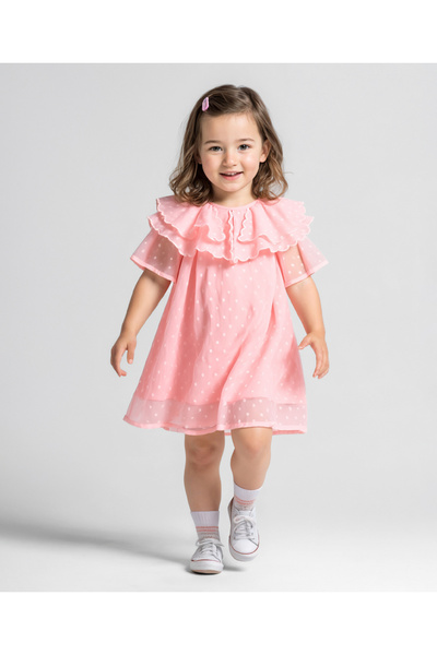 Bonfino Swiss Dobby Fashion Frock with Scallop Lace Detail Collar - Pink