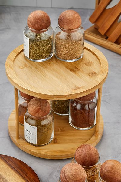MODA OZY Set of 10 Wooden Ball Lid Rotating Bamboo Stand Labeled Glass Spice Jar Set Storage Jar 300 ml