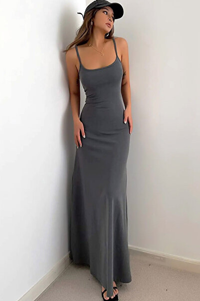 MissKybele Kare U Yakalı Kolsuz İnce Askılı Sırtı Açık Dar Kesim Likralı Esnek Uzun Maksi Boy Elbise