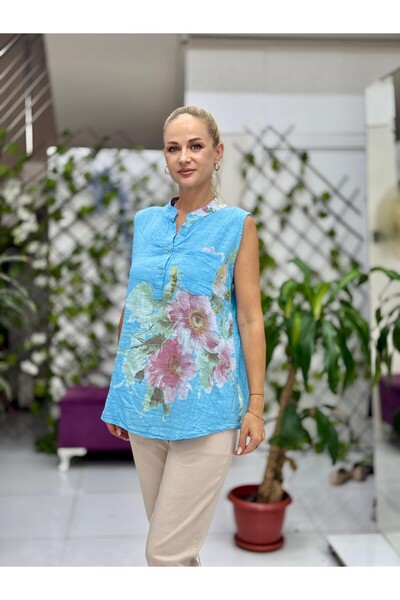 Punta Otantik LS8819A Αμάνικη βαμβακερή ιταλική μπλούζα με μπλε τσέπες