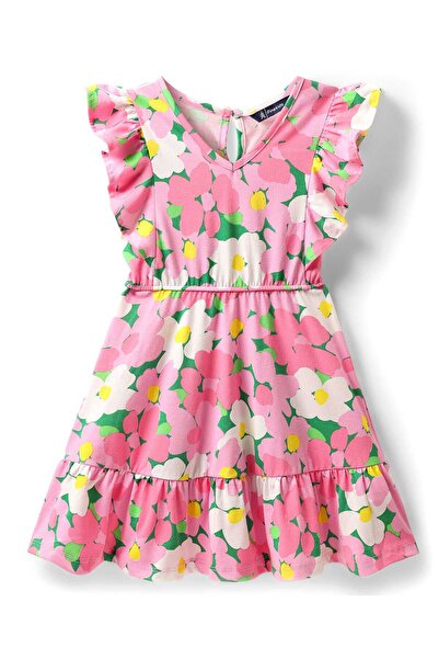 Pine kids Cotton Knit Frill Sleeves Frock with Floral Print - Pink