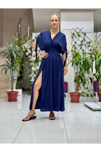 Punta Otantik Pt242500 Elastic Waist Collar Shoulder Tassels Deep Slit Coton Dress Navy Blue
