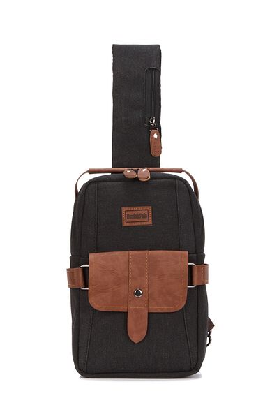 Newish Polo Men's Canvas Fabric Cross Waist and Shoulder Bag - Black - Tan