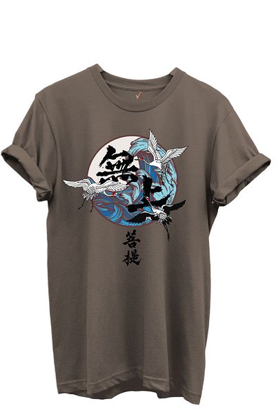 WİDİ Crane Birds and Wave Pattern in Japanese Art Style 100% Cotton Regular Fit Unisex T-Shirt