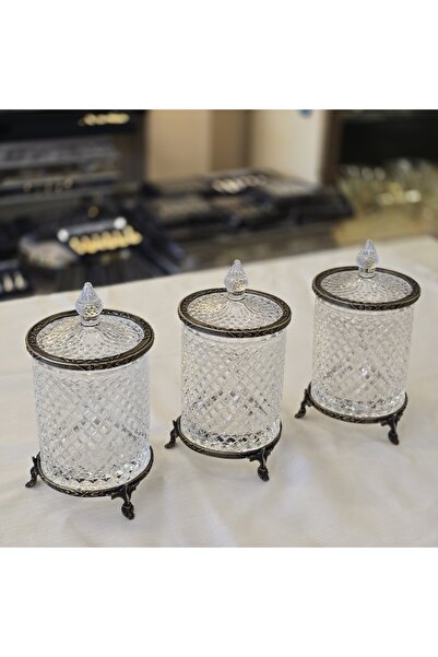 AlyaHomeAksesuar Set of 3 Crystal Glass Sugar Bowl / Jar with Legs Antique