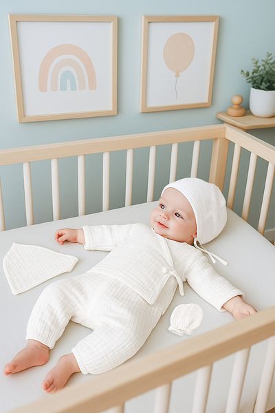Sitilin Muslin 5-Piece Kimono Lace-Up 100% Cotton Hospital Release Newborn Baby Gift Set 7070