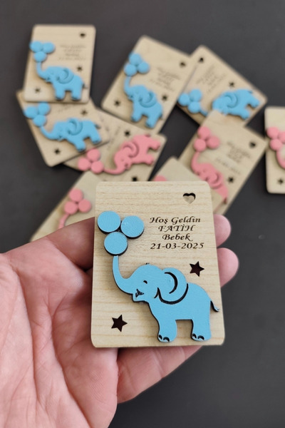 Kutaydan Welcome Wooden Baby Magnet with Elephant and Balloon Pattern Blue - ...