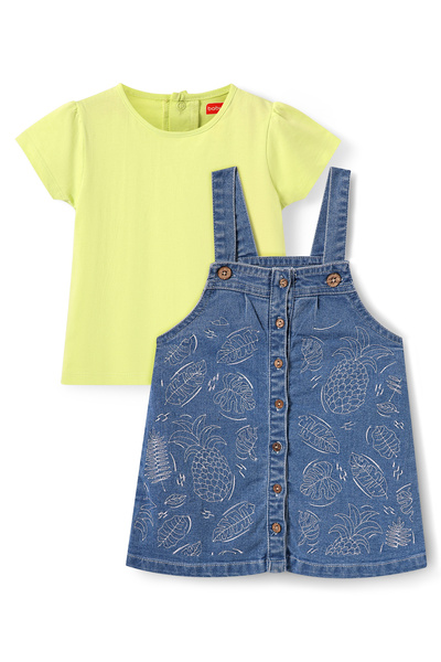 Babyhug فستان منسوج من القطن مع نصف كم وقميص داخلي بتطريز استوائي - أزرق وأخض...