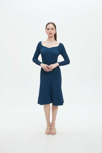 mica Women's Solid Ribbed Midi Dress with Open Neckline