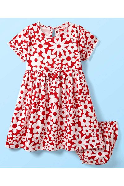 Babyhug Single Jersey Frock and Bloomers with Floral Print - Red