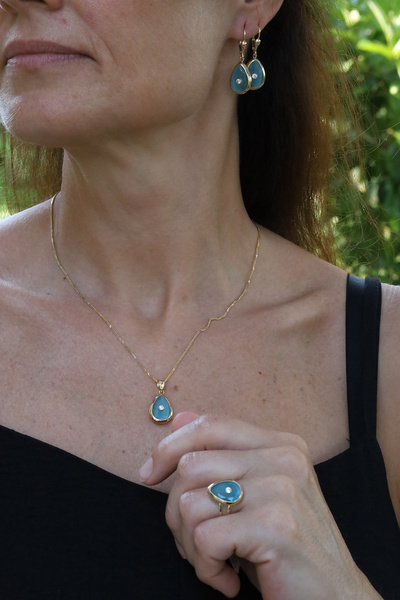 Yenigün Kuyumculuk 14 Ayar Altın Turkuaz Taş Gövdeli Tek Taş Detaylı Set