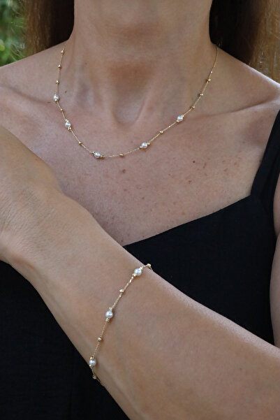 Yenigün Kuyumculuk 14 Ayar Altın Force Zincirli Mini Dorika ve İnci Detaylı Set