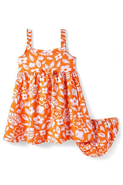 Babyhug فستان مع سروال داخلي بطبعة زهور وربطة عنق - برتقالي وأبيض