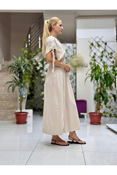 Punta Otantik Pt242500 Elastic Waist Collar Shoulder Tassels Deep Slit Coton Dress Beige