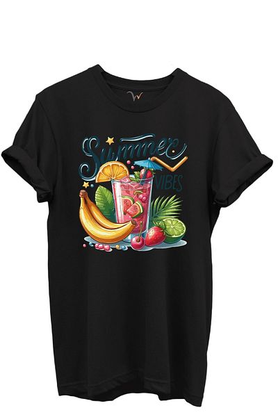 WİDİ Summer Vibes scris Cocktail de fructe și model tropical 100% bumbac Tricou unisex cu croiala normală