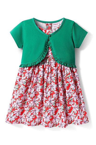 Babyhug Floral Printed Frock with Half Sleeves Shrug - Red & Green