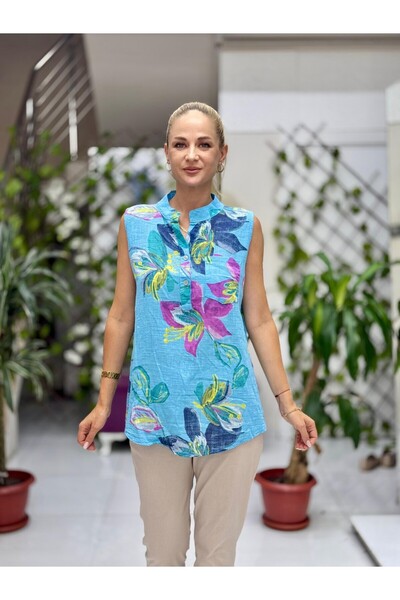 Punta Otantik LS8819B Bluză italiană din bumbac fără mâneci cu buzunare, albastru