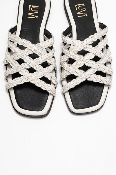 LuviShoes Alisha Ecru Genuine Leather Knitted Strap Women's Slippers