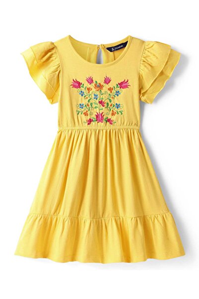 Pine kids فستان باين كيدز القطني متعدد الطبقات مع تطريز زهري - أصفر