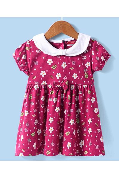Babyhug Cotton Frock with Peter Pan Collar Bow Applique and Bloomer with Floral Print - Red