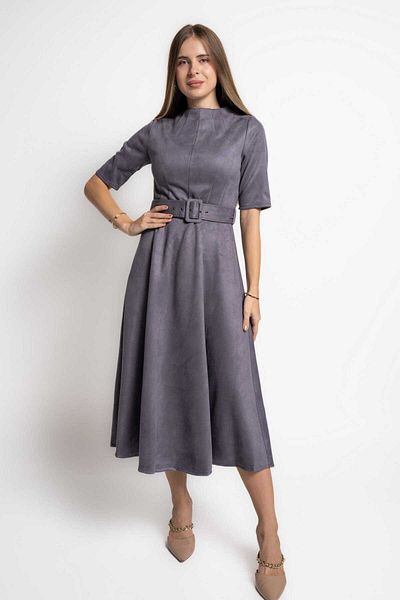 mica Solid Midi Dress with Waist Belt and Short Sleeves