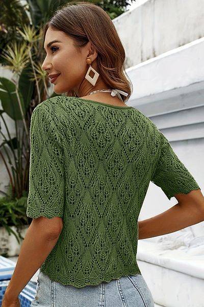 AQE FASHION Women's Openwork Short Sleeve Button Knitted V Neck Casual Mint Tirko Cardigan