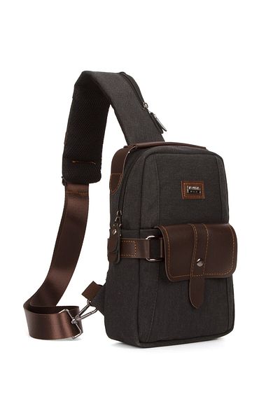 Newish Polo Men's Canvas Fabric Cross Waist and Shoulder Bag - Black - Brown