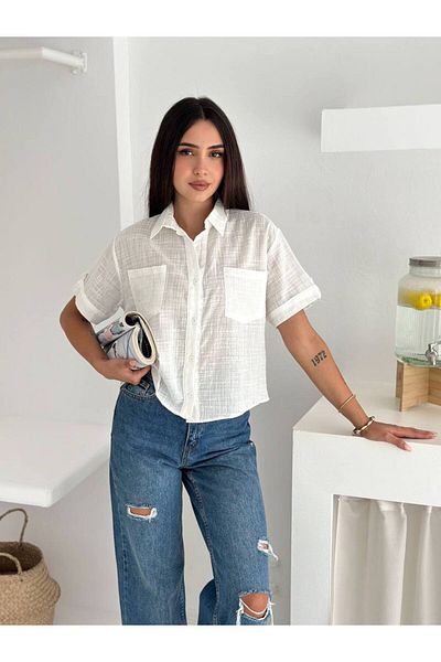 Noa Noa Embossed Detailed Short Sleeve Double Pocket Shirt