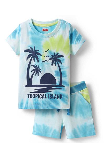 Babyhug Single Jersey Knit Tie & Dye T-Shirt & Shorts Set with Tropical Theme Print - Light Blue