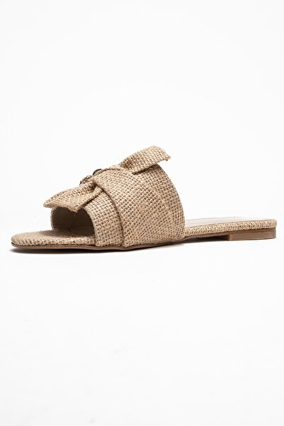LuviShoes Donald Beige Straw Bow Bee Buckle Women's Slippers