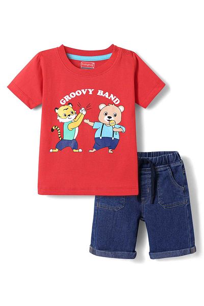 Babyhug طقم تي شيرت جيرسي محبوك وشورت جينز بطبعة حيوانية - أحمر وأزرق